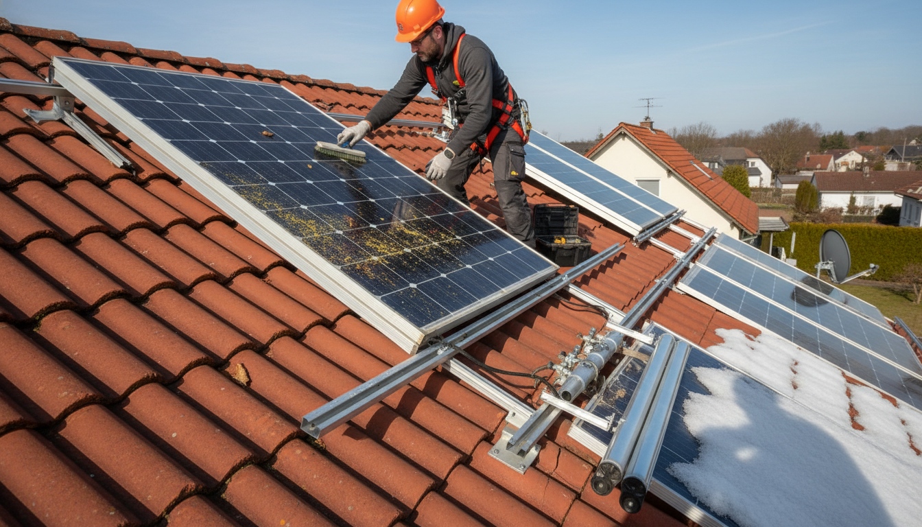 Technician cleaning rooftop solar collectors and checking collector surface condition during solar hot water maintenance